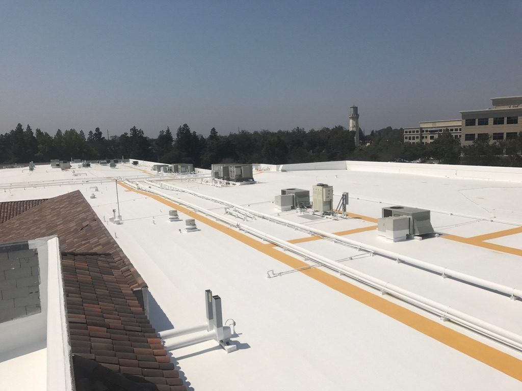 A large white roof with a lot of buildings in the background.
