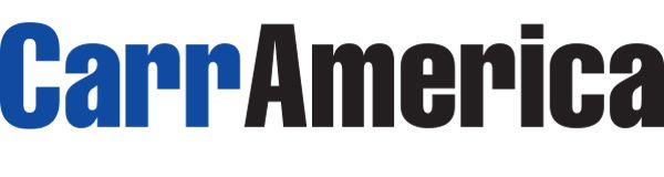 The logo for carr america is blue and black on a white background.