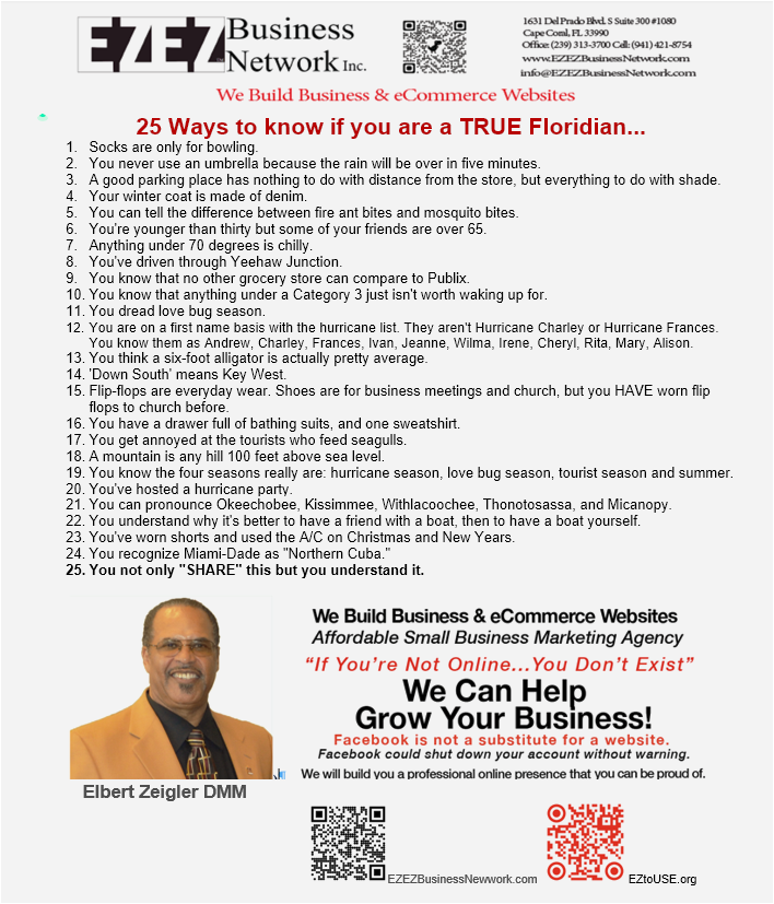 A man is standing in front of a sign that says 25 ways to know if you are a true floridian