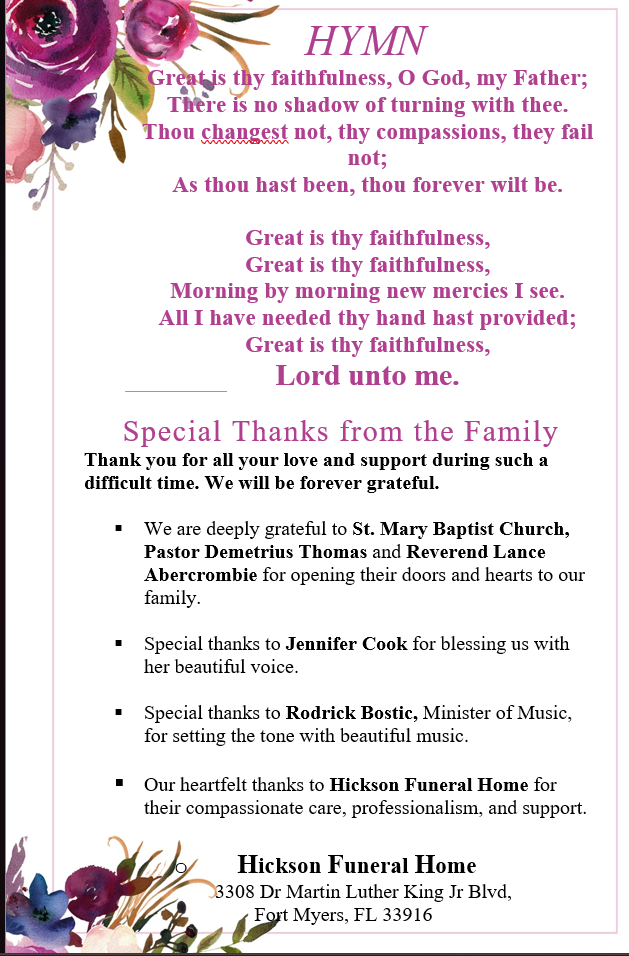 A funeral thank you card with purple flowers on it.