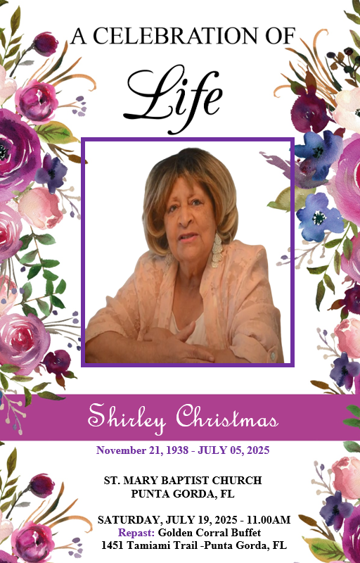 A celebration of life flyer for Shirley Christmas