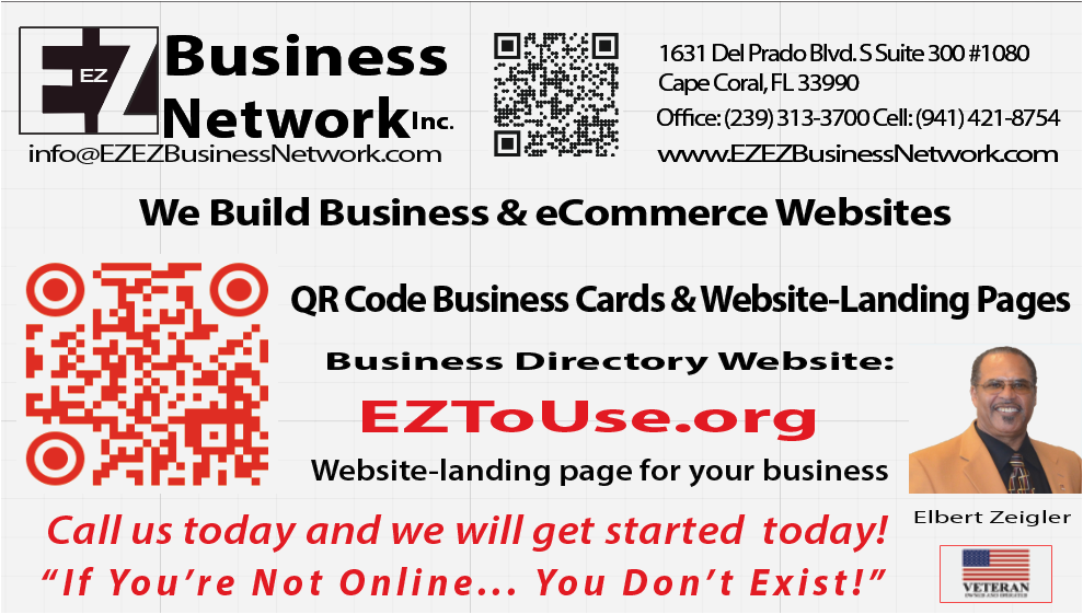 Business card for EZ Business Network Inc., building websites. Includes contact info, QR codes, and a photo of a man.