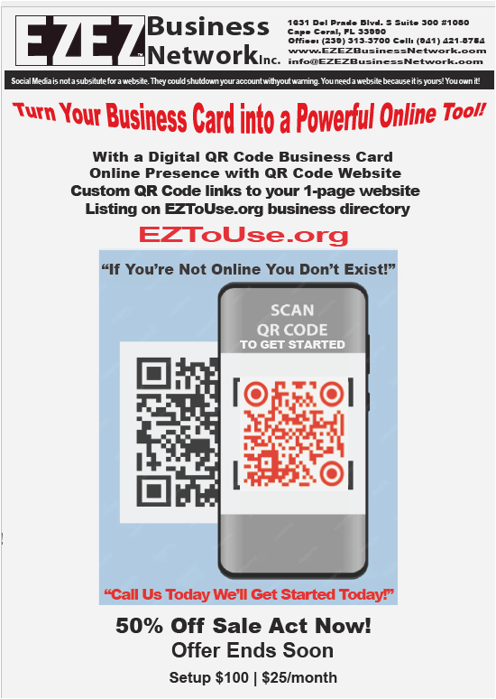 Advertisement for EZ Business Network, offering digital QR code business cards and online presence. Includes QR codes, phone graphic, and sale details.