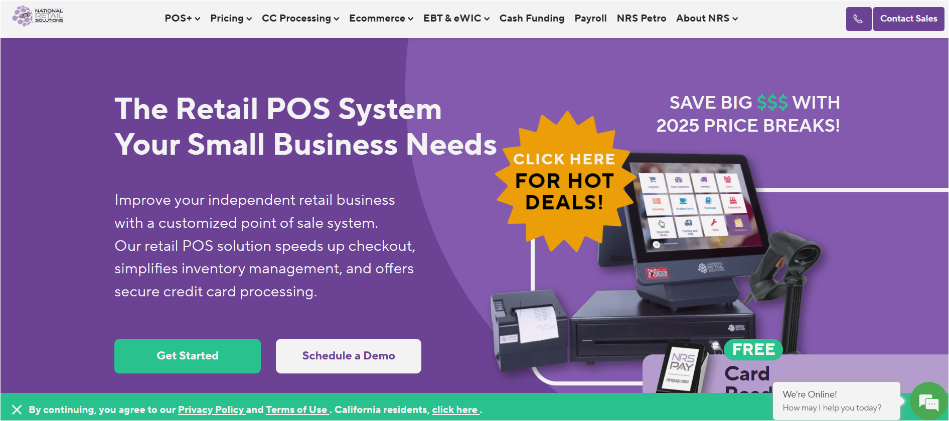 Website promoting a retail POS system for small businesses, featuring text, a tablet, and a 