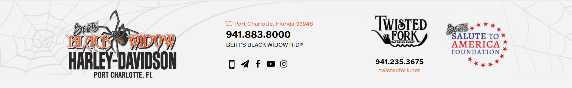 Logos for Burly Boyz Harley-Davidson, Twisted Peak, and All American HD. Fort Charlotte, FL.
