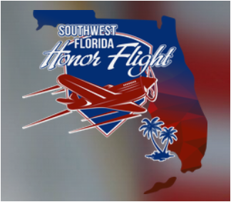 Southwest Florida Honor Flight logo: Red plane, text, and Florida outline in patriotic colors.