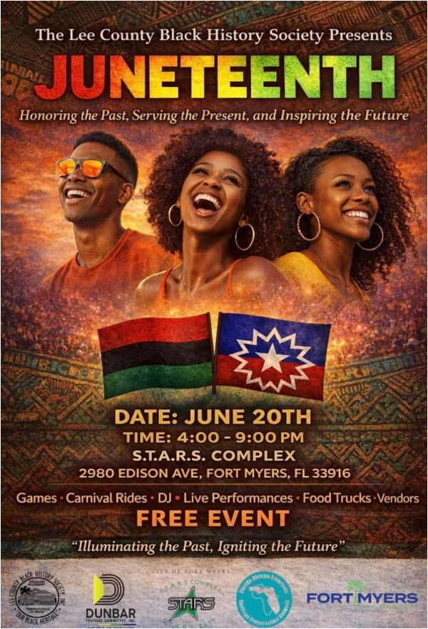 Juneteenth event poster with three people, Pan-African flag, and event details at Fort Myers logo near bottom