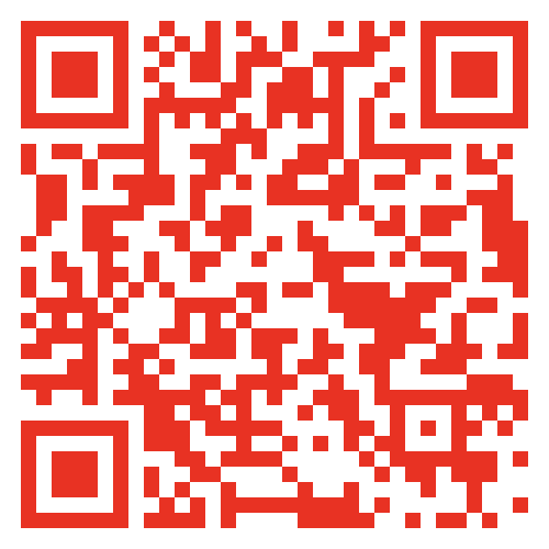 Red and white QR code with circular target patterns in each corner.