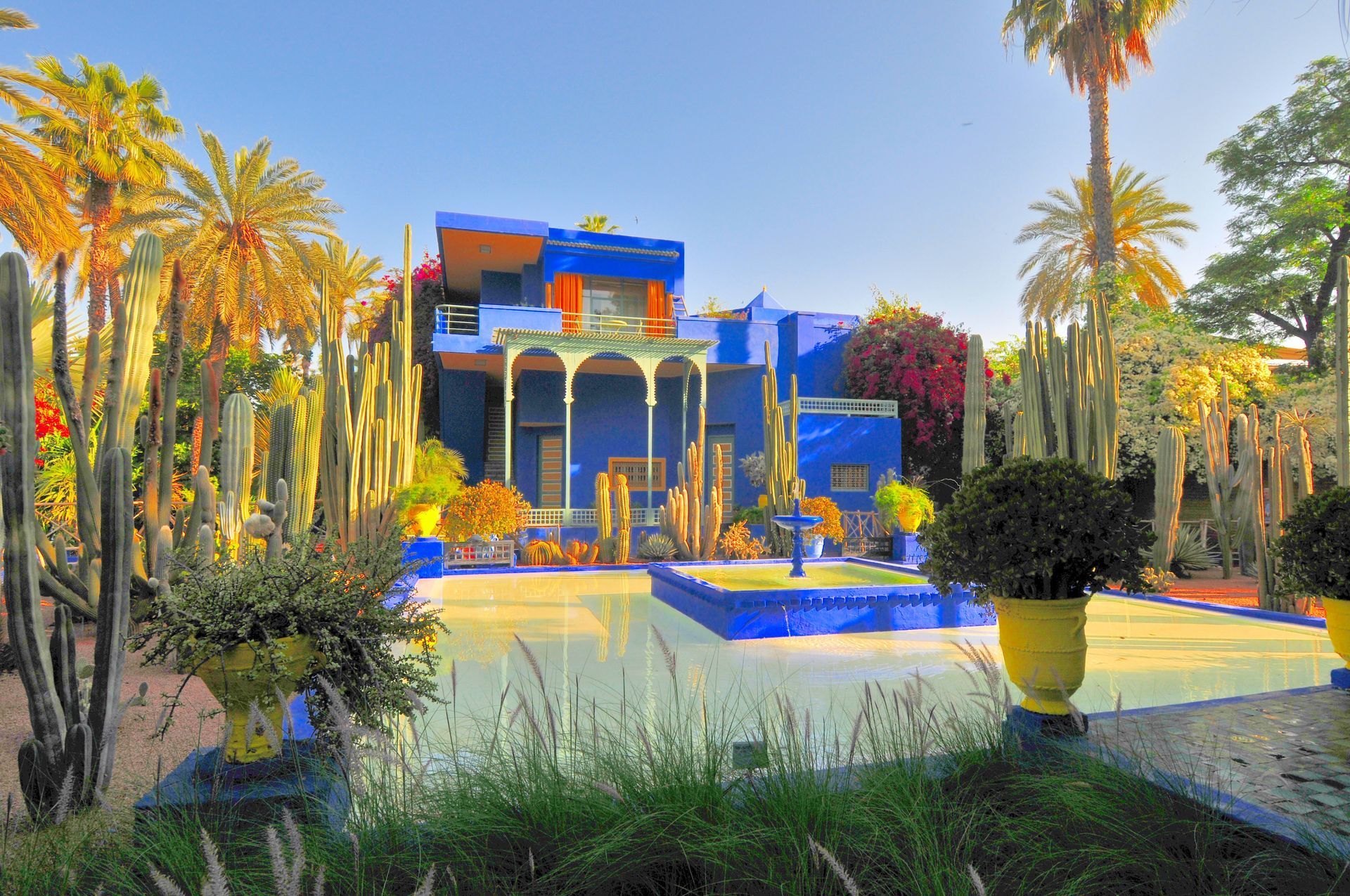 A stunning view of the Majorelle Garden, showcasing its iconic cobalt blue structures, vibrant greenery, and a tranquil water fountain under the warm Moroccan sun.