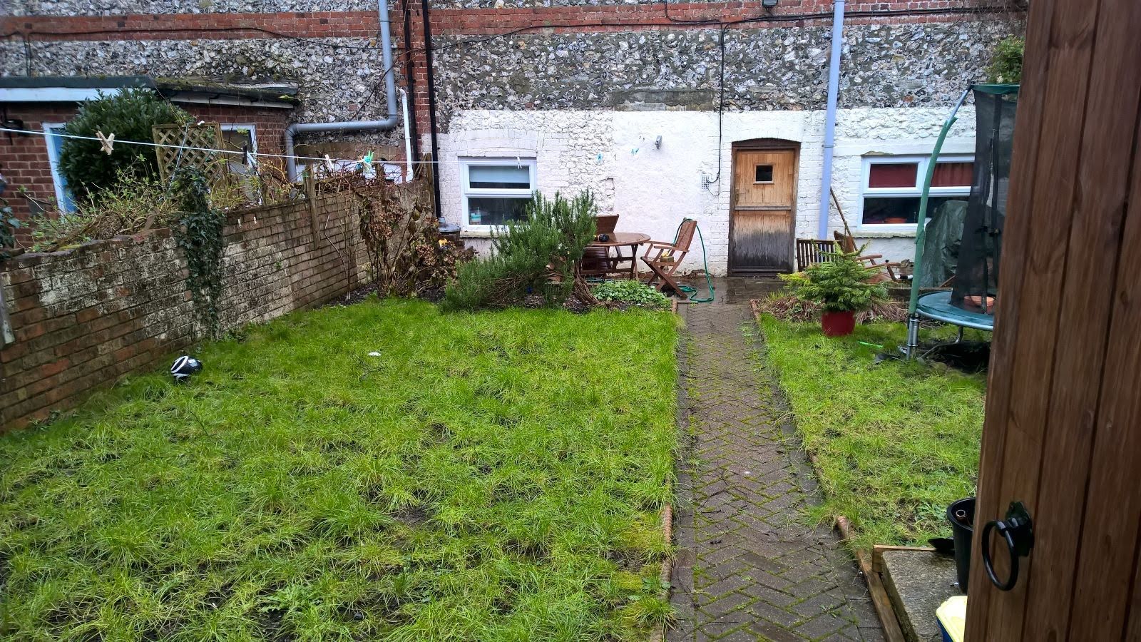 A lush green yard with a path leading to a house.