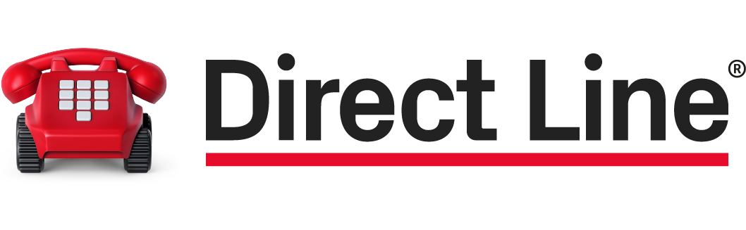 A red toy telephone is sitting next to the direct line logo.