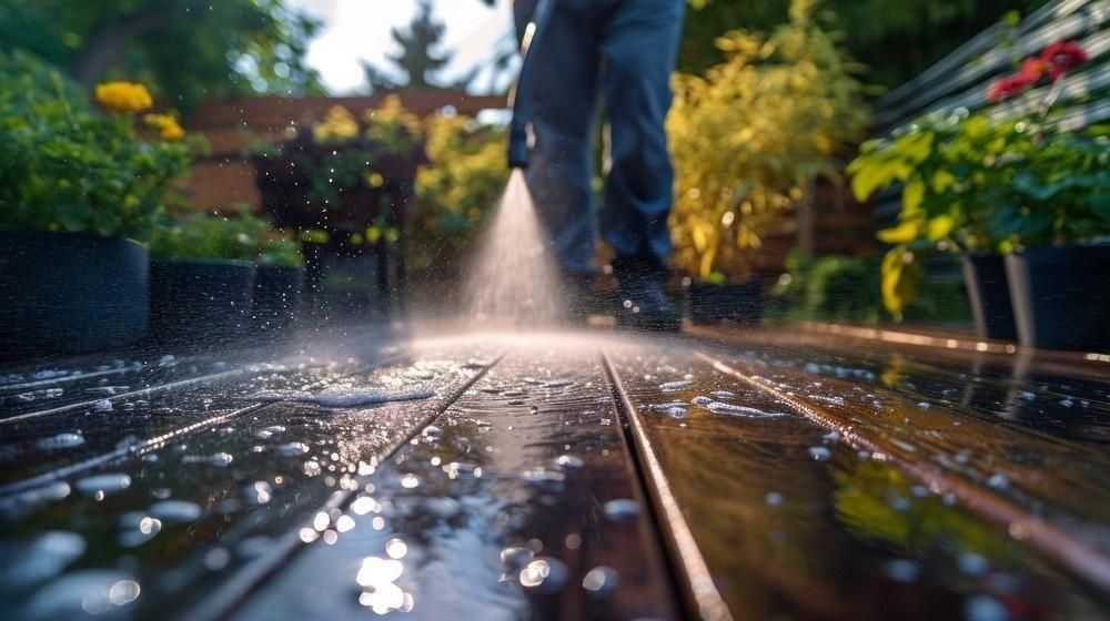 A man is using a high pressure washer to clean a wooden deck.