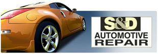 Orange sports car with S&D Automotive Repair logo.