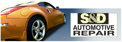 Orange sports car with S&D Automotive Repair logo.