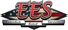 A logo for ees executive event services with an american flag in the background.