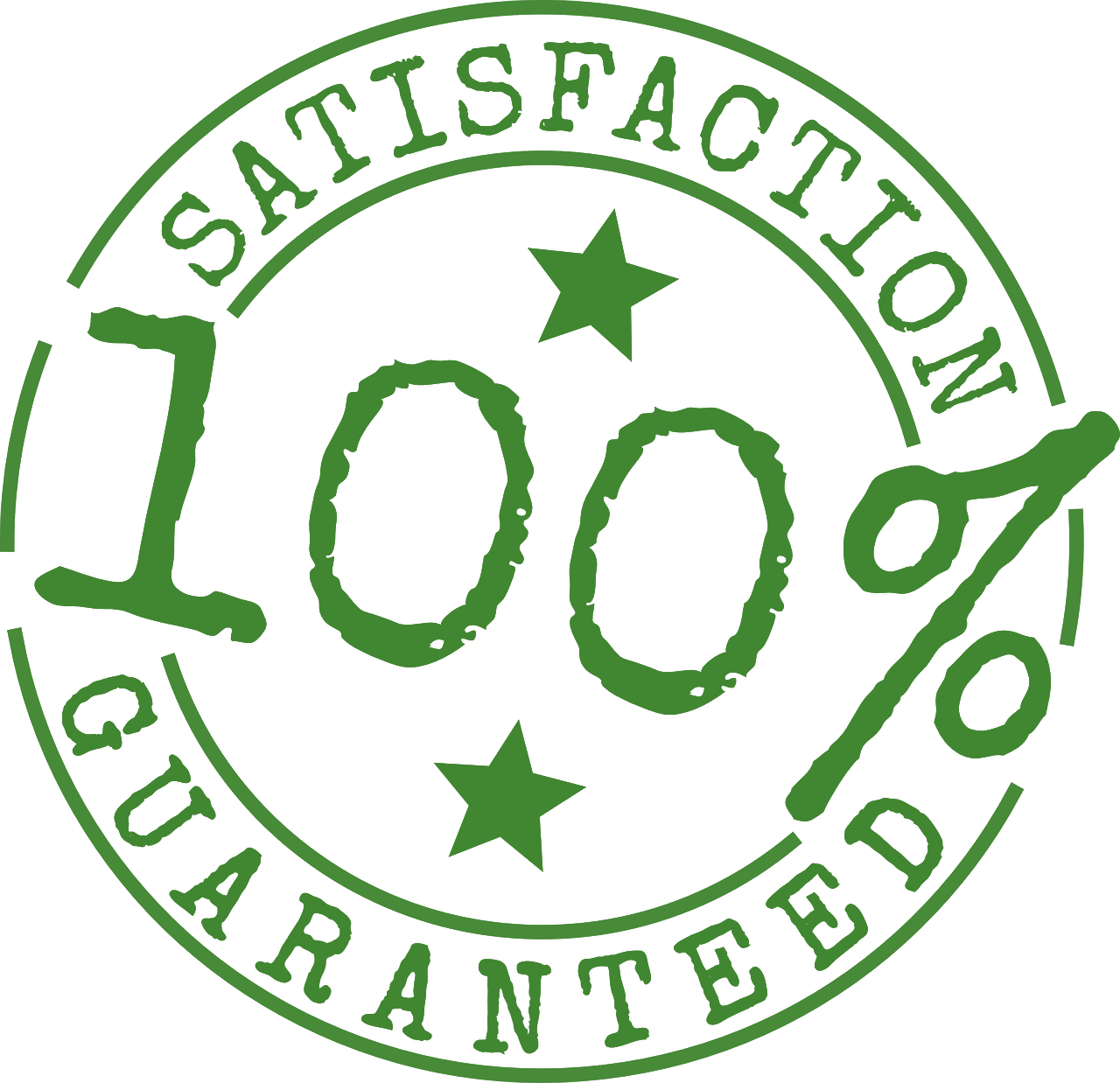 Green "100% SATISFACTION GUARANTEED" stamp with two stars.