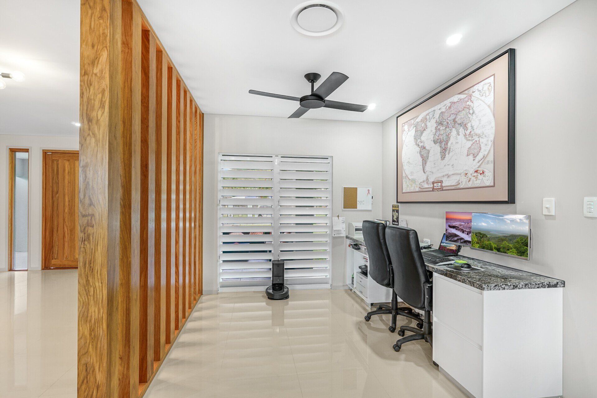 Home Office Area With Two Black Chairs — Kitchen Design in Edmonton, QLD