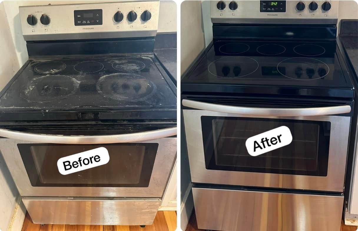 A before and after picture of a stainless steel stove top oven.