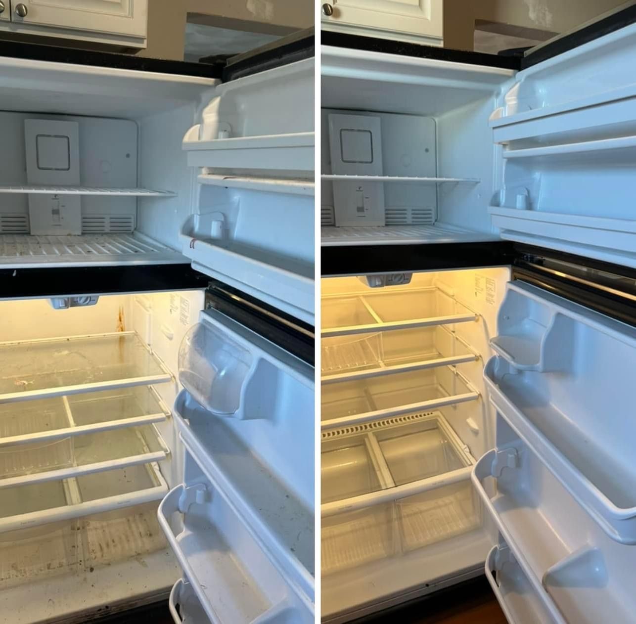 The inside of a refrigerator is shown before and after being cleaned.