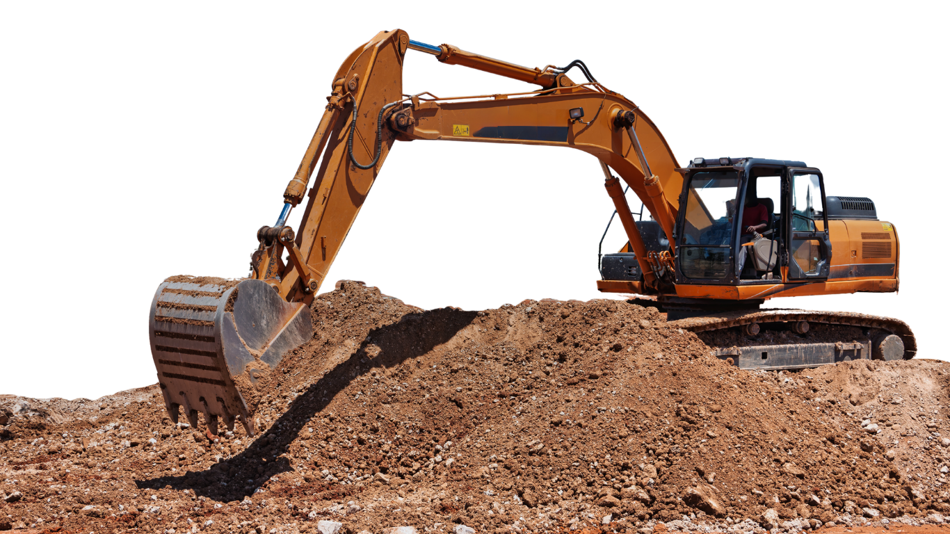 A yellow excavator with its bucket resting in a large pile of dirt against a white background.