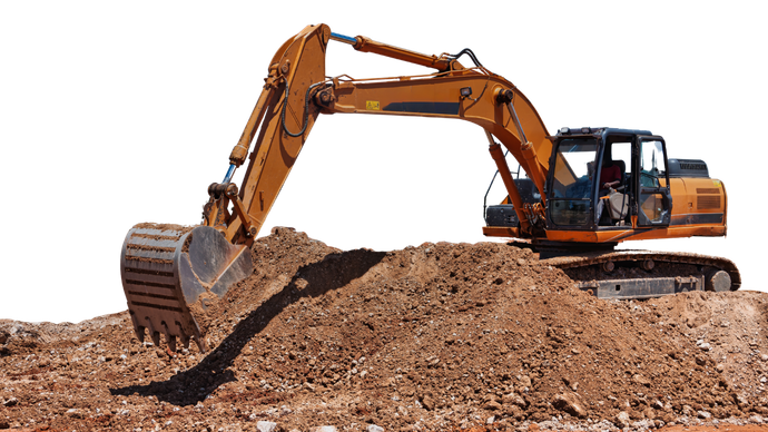 A yellow excavator with its bucket resting in a large pile of dirt against a white background.