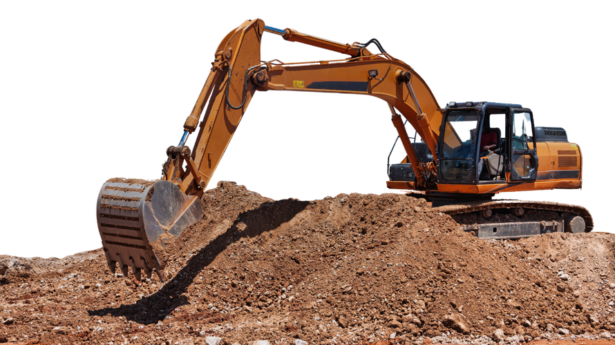 A large, orange excavator with a heavy-duty bucket positioned on a pile of dirt against a white background.