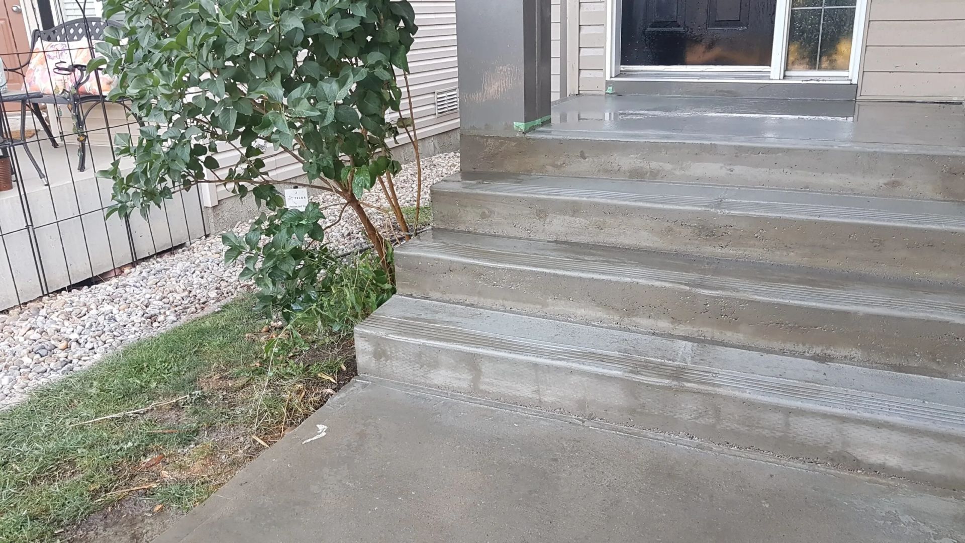 Three concrete steps leading to a house entrance, next to a small green bush and gravel area.