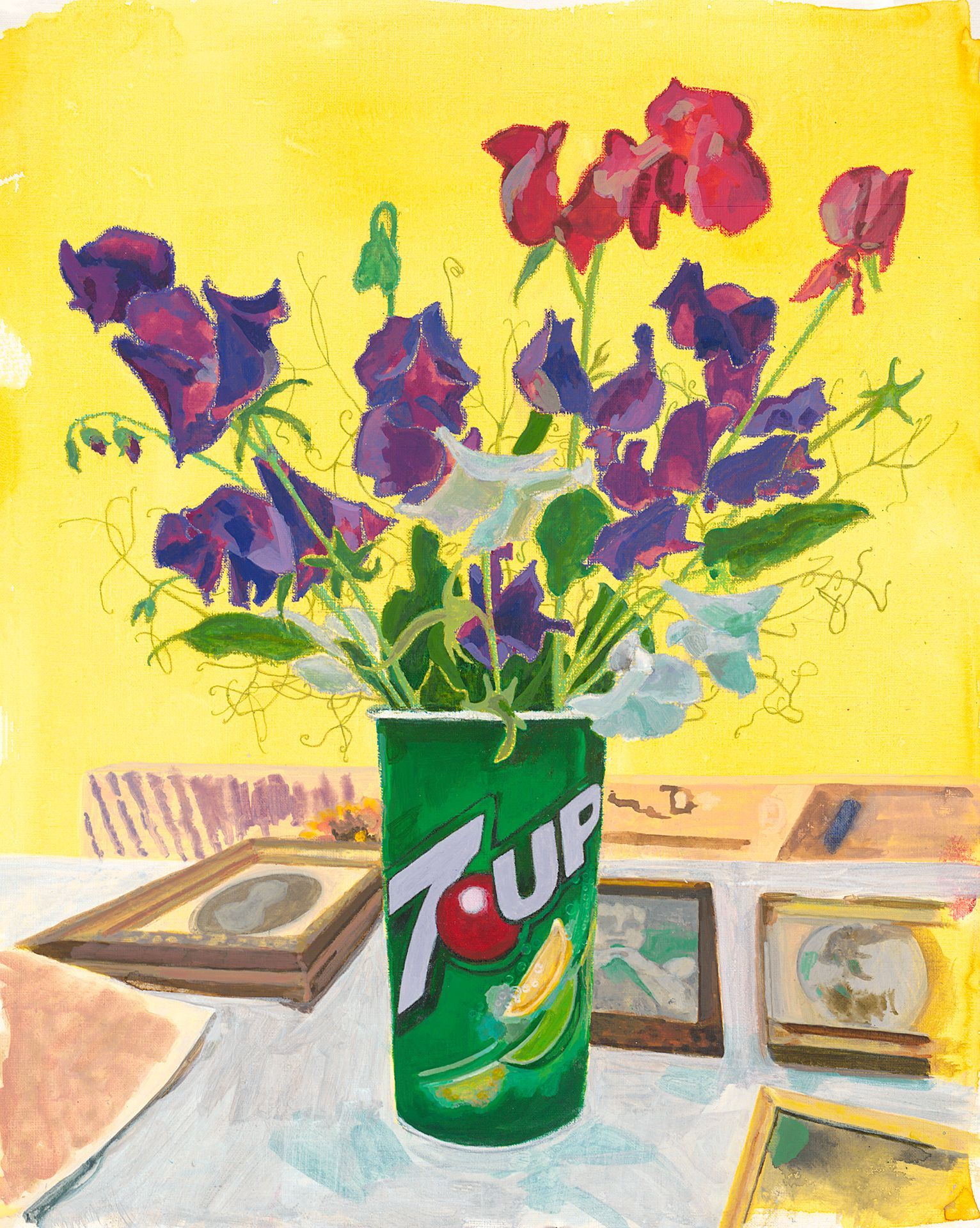 A painting of purple flowers in a can of 7 up