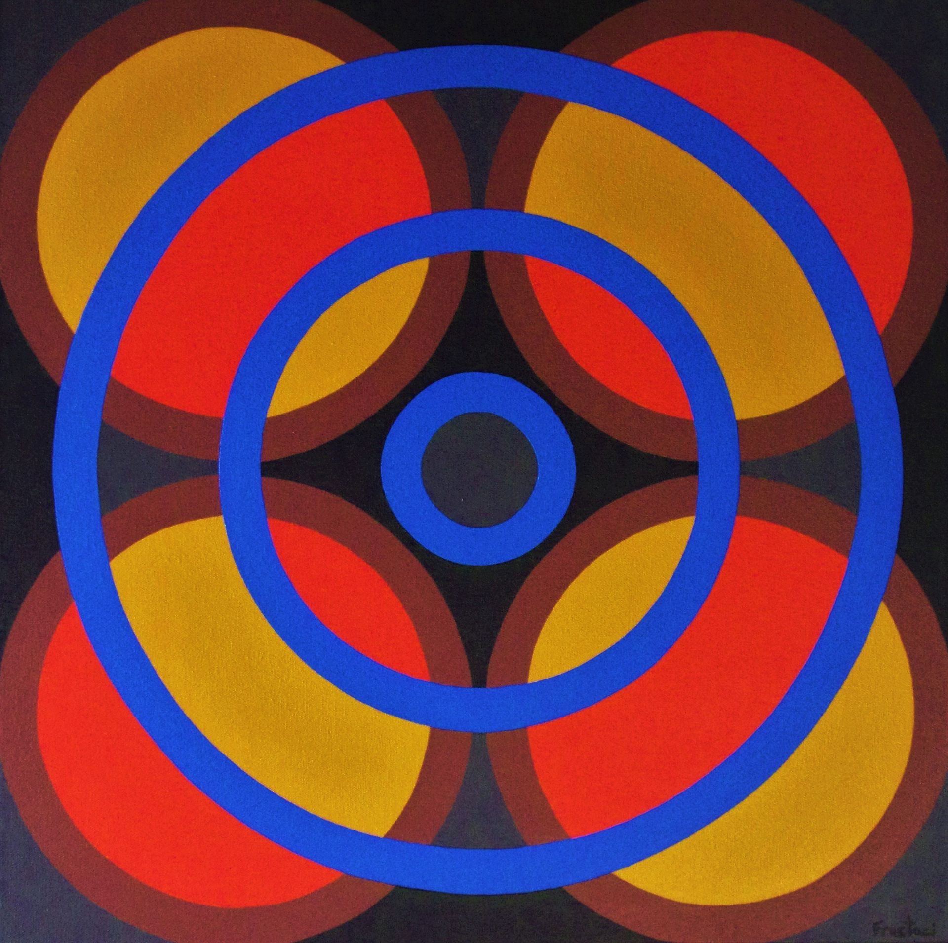 A colorful painting with a blue circle in the middle
