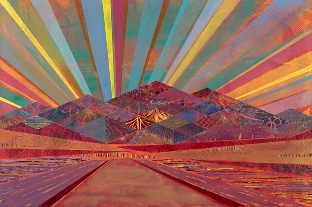 Colorful, geometric landscape with road leading to mountains under rainbow rays.