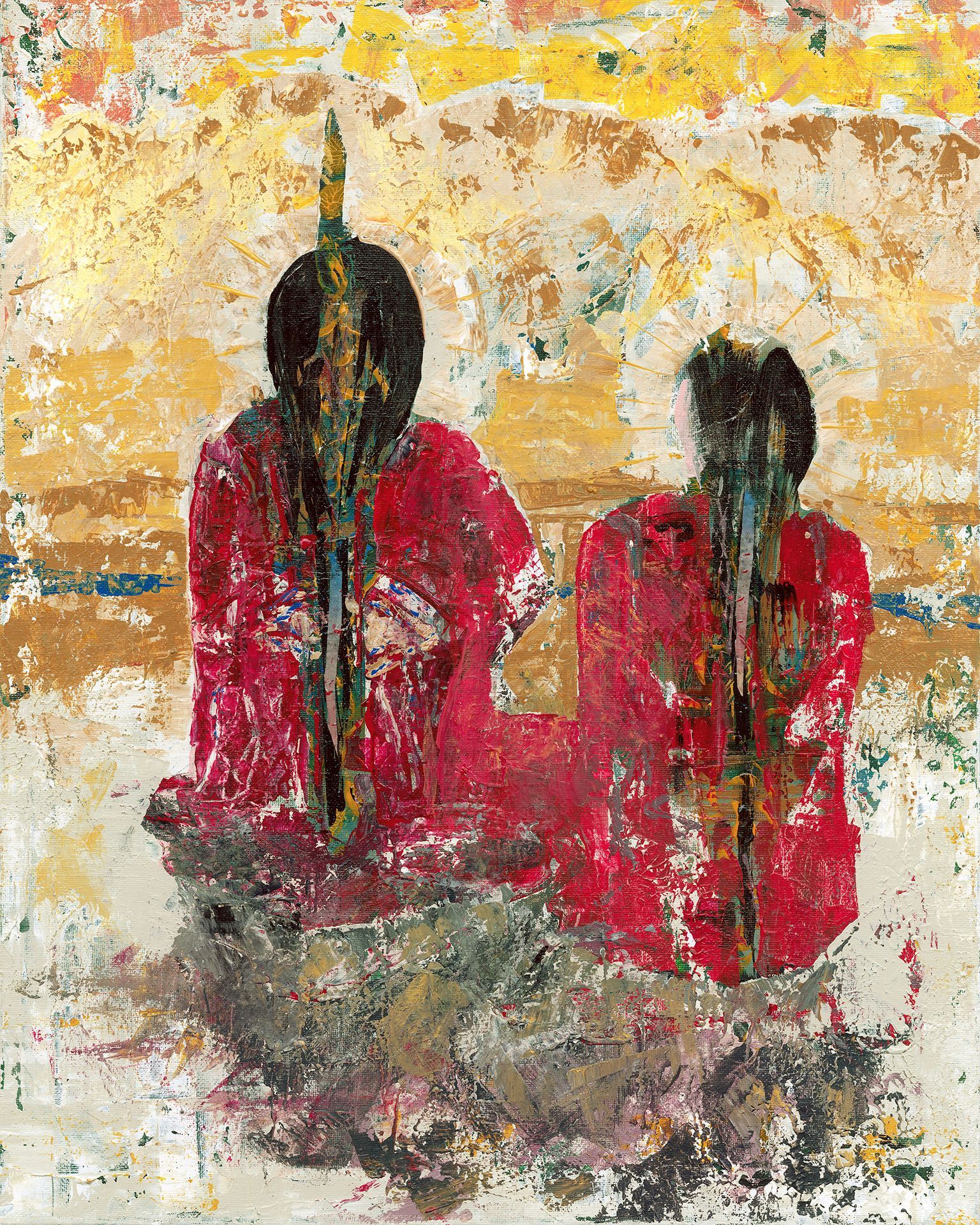 It is a painting of two people sitting next to each other.