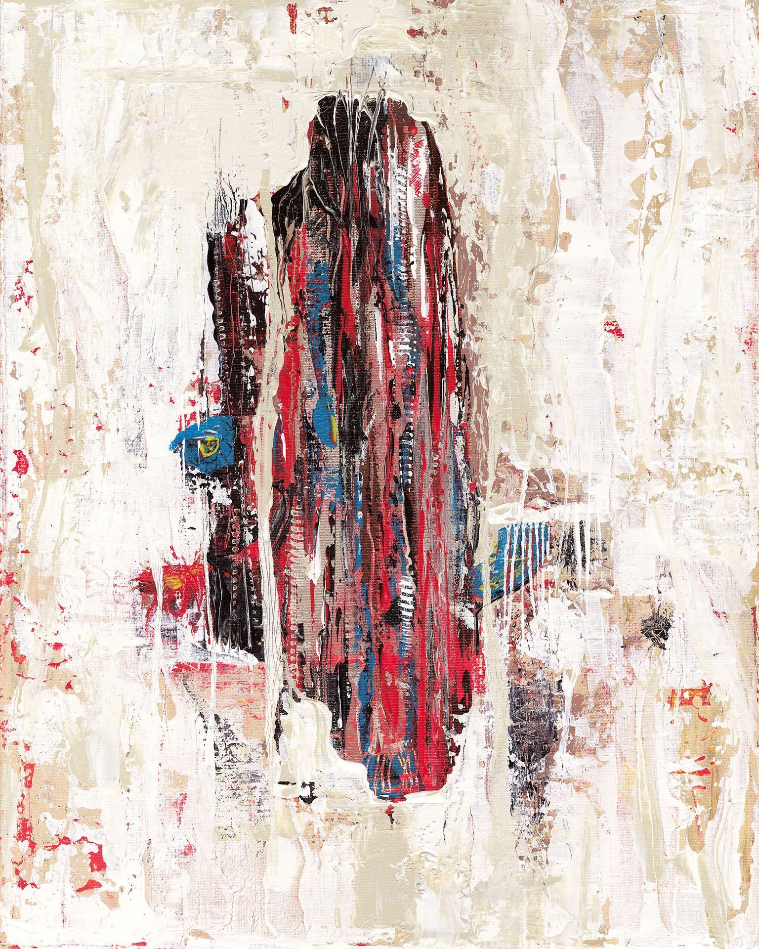 A painting of a red , white , and blue object on a white background.