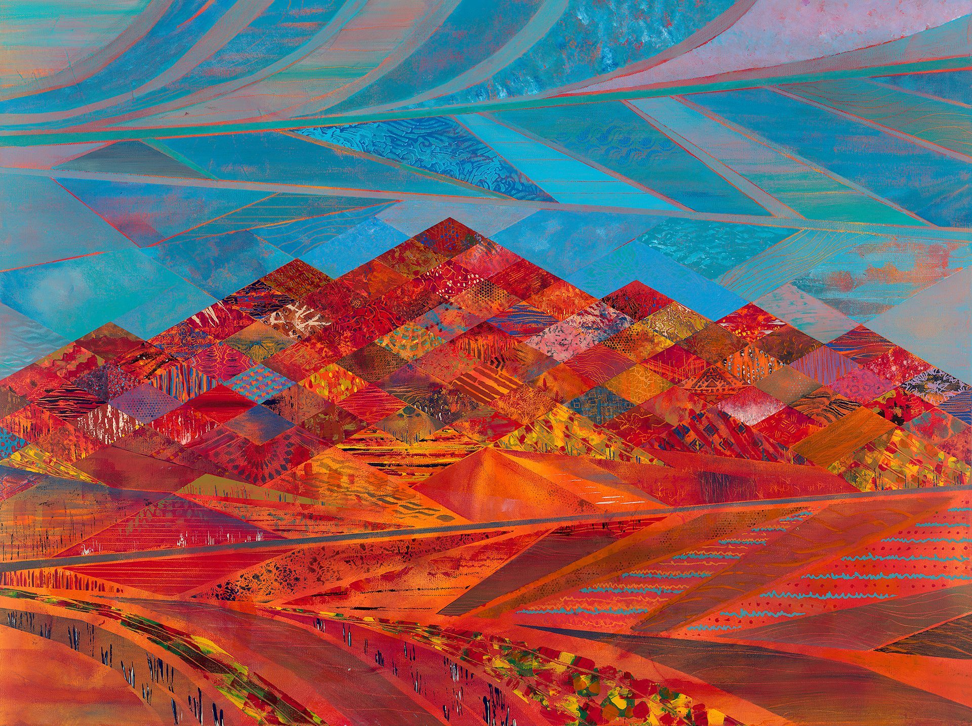 A colorful painting of a mountain range with a blue sky in the background
