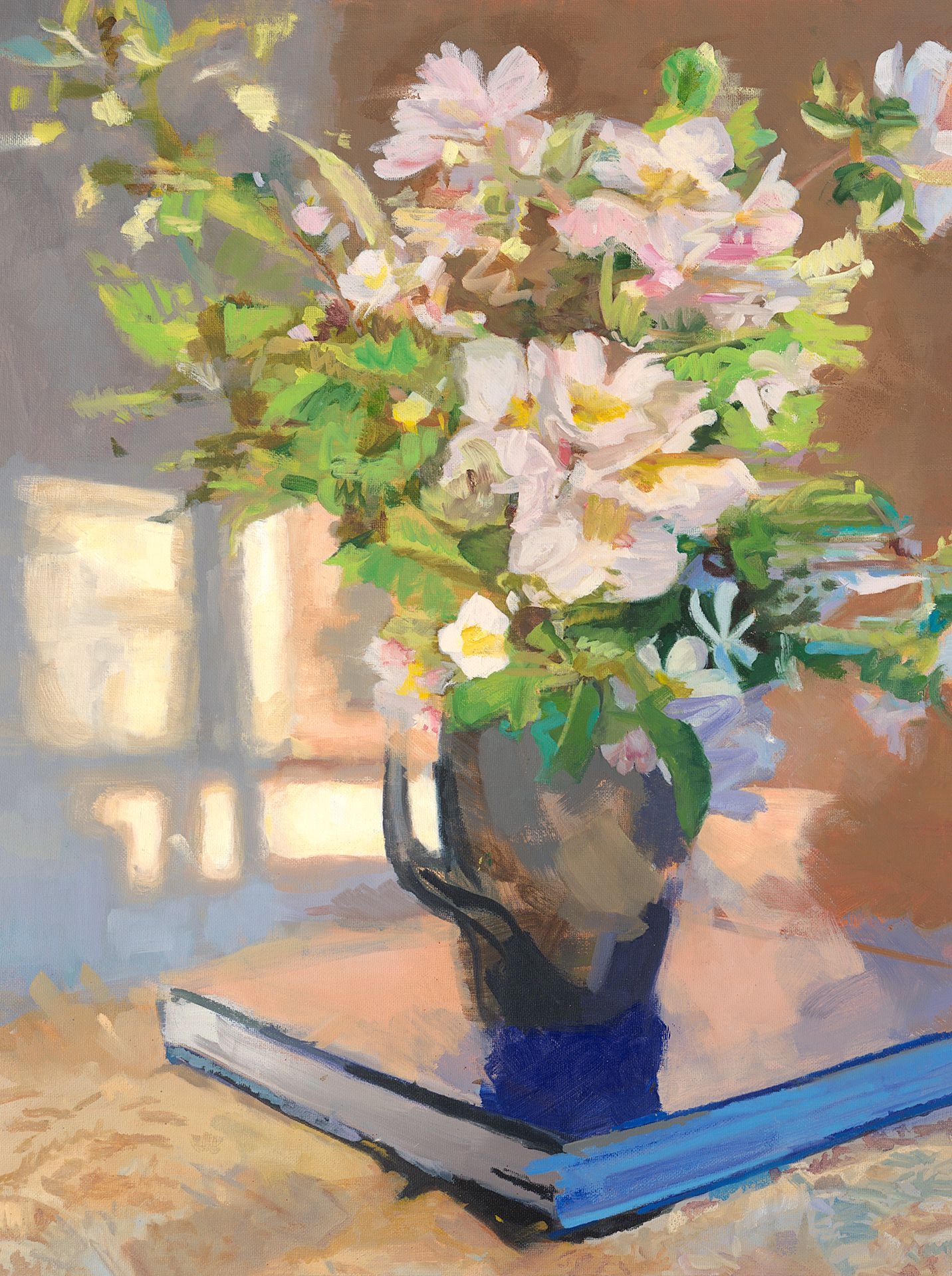 A painting of flowers in a vase on top of a book.