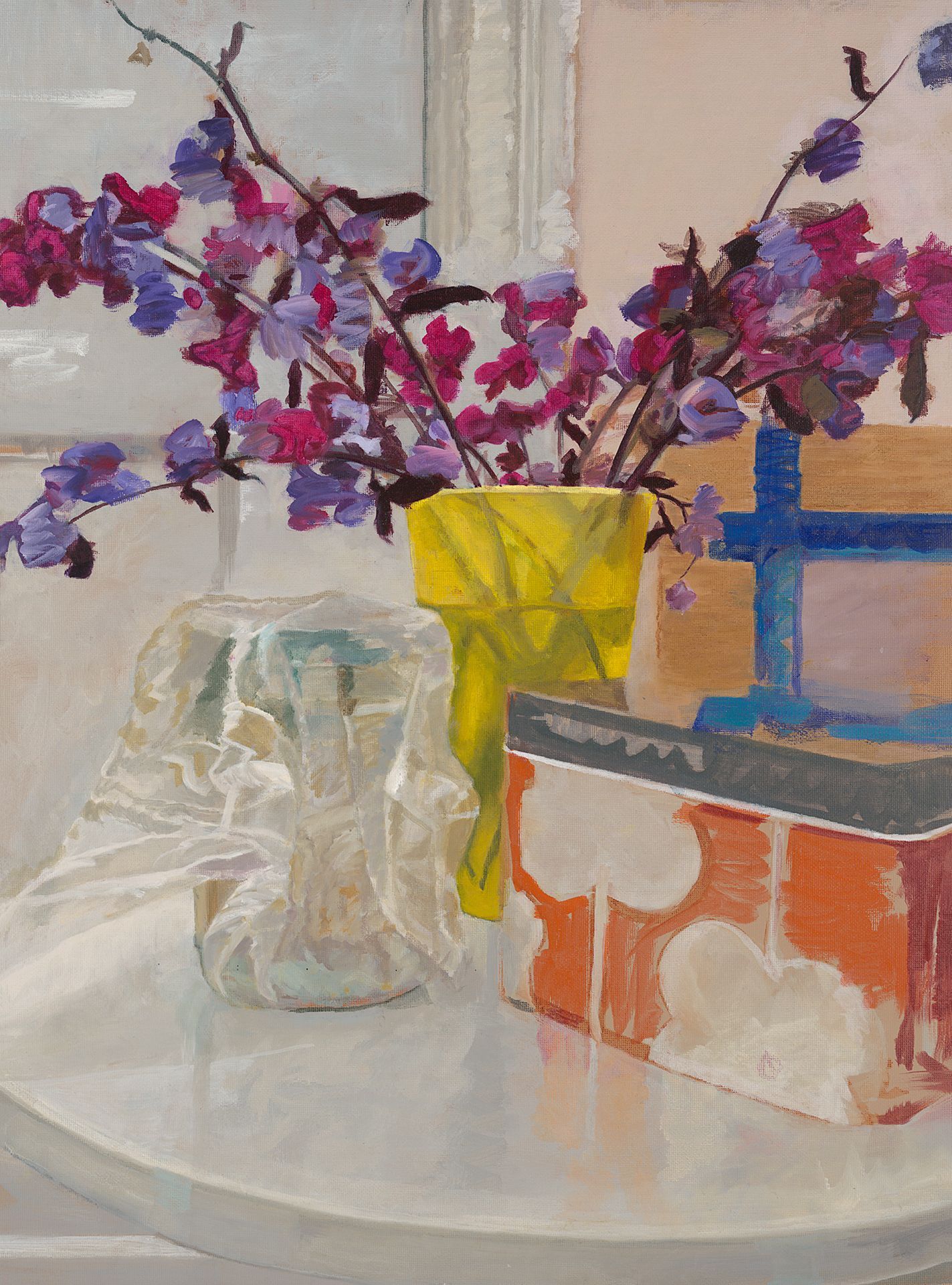 A painting of flowers in vases and boxes on a table