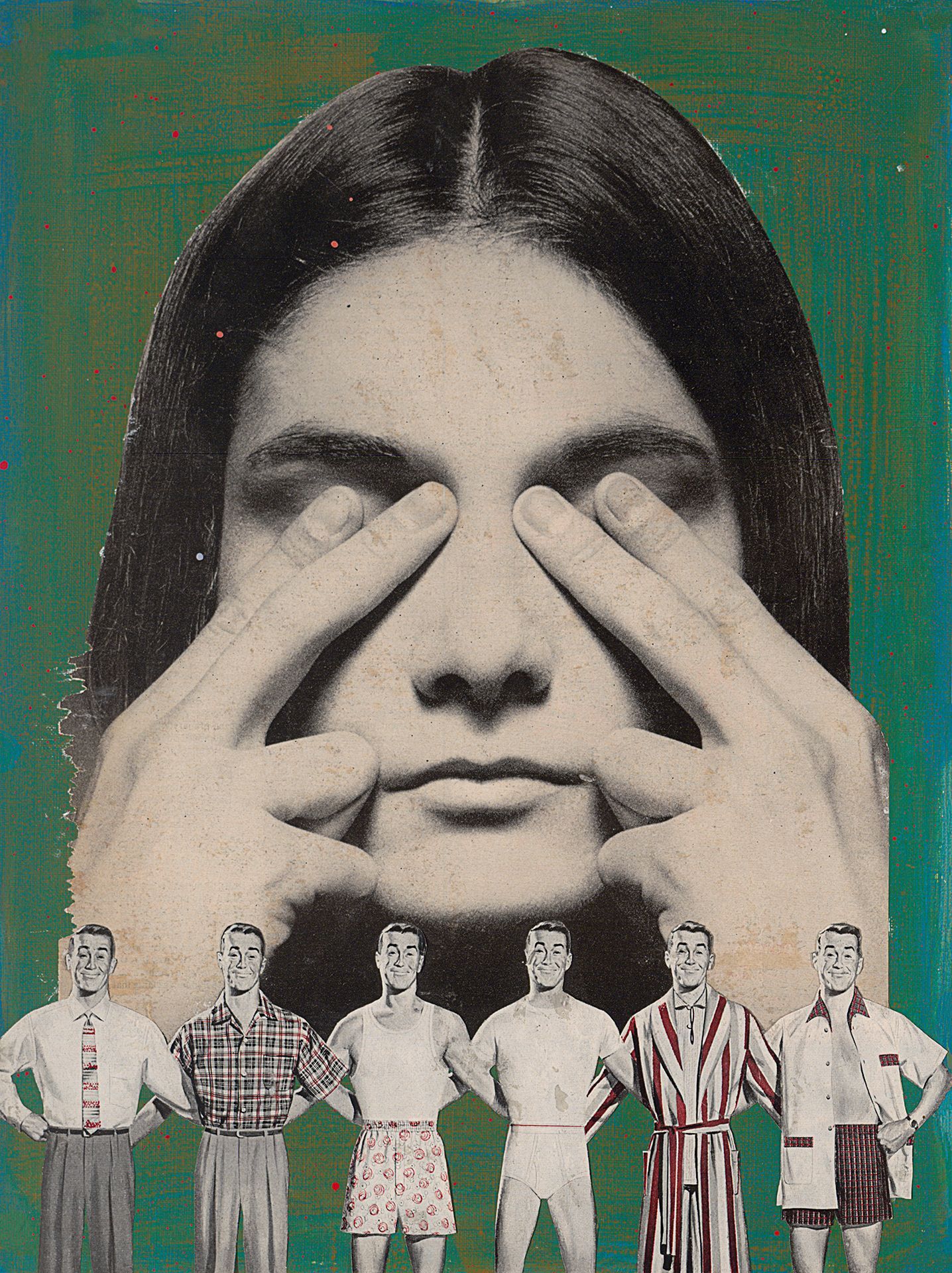 A group of men standing in front of a woman covering her eyes