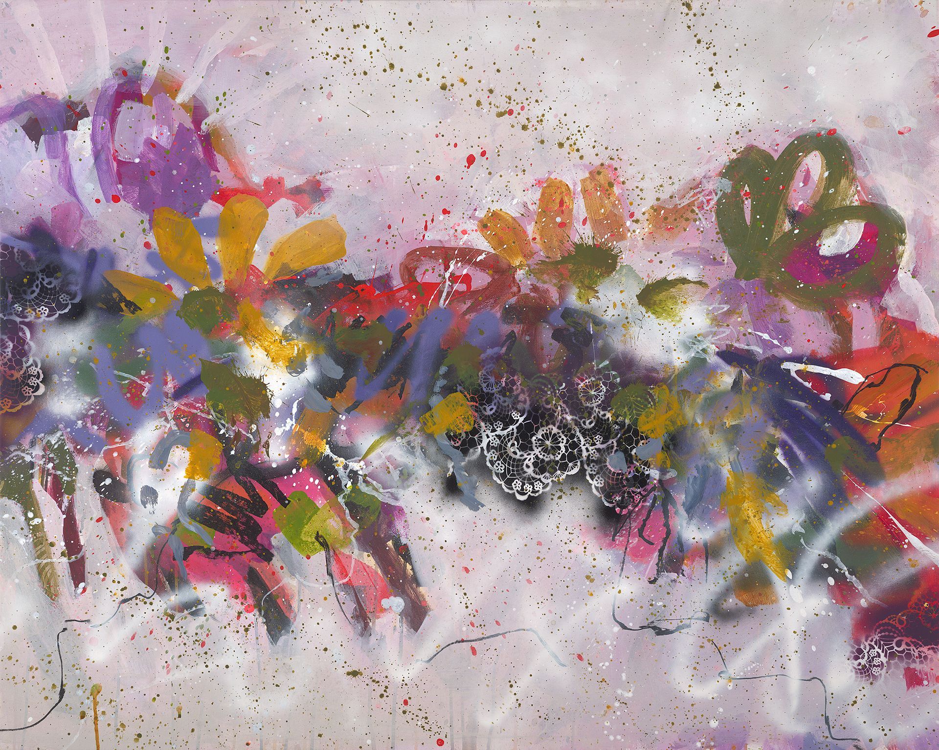 A colorful painting of flowers and leaves on a white background