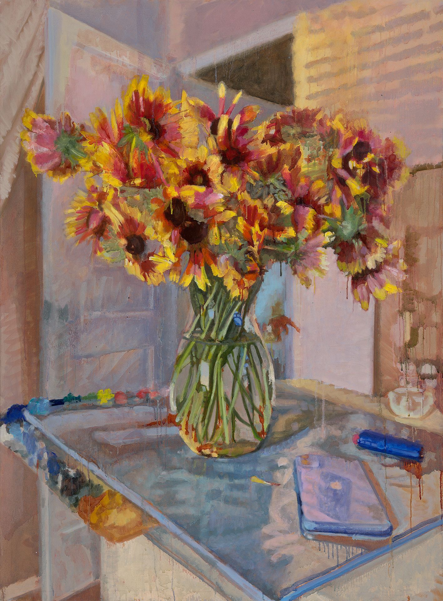 A painting of flowers in a vase on a table.