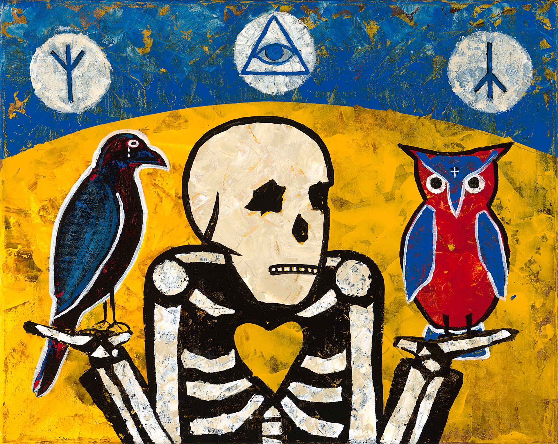 A painting of a skeleton and two owls on a yellow background