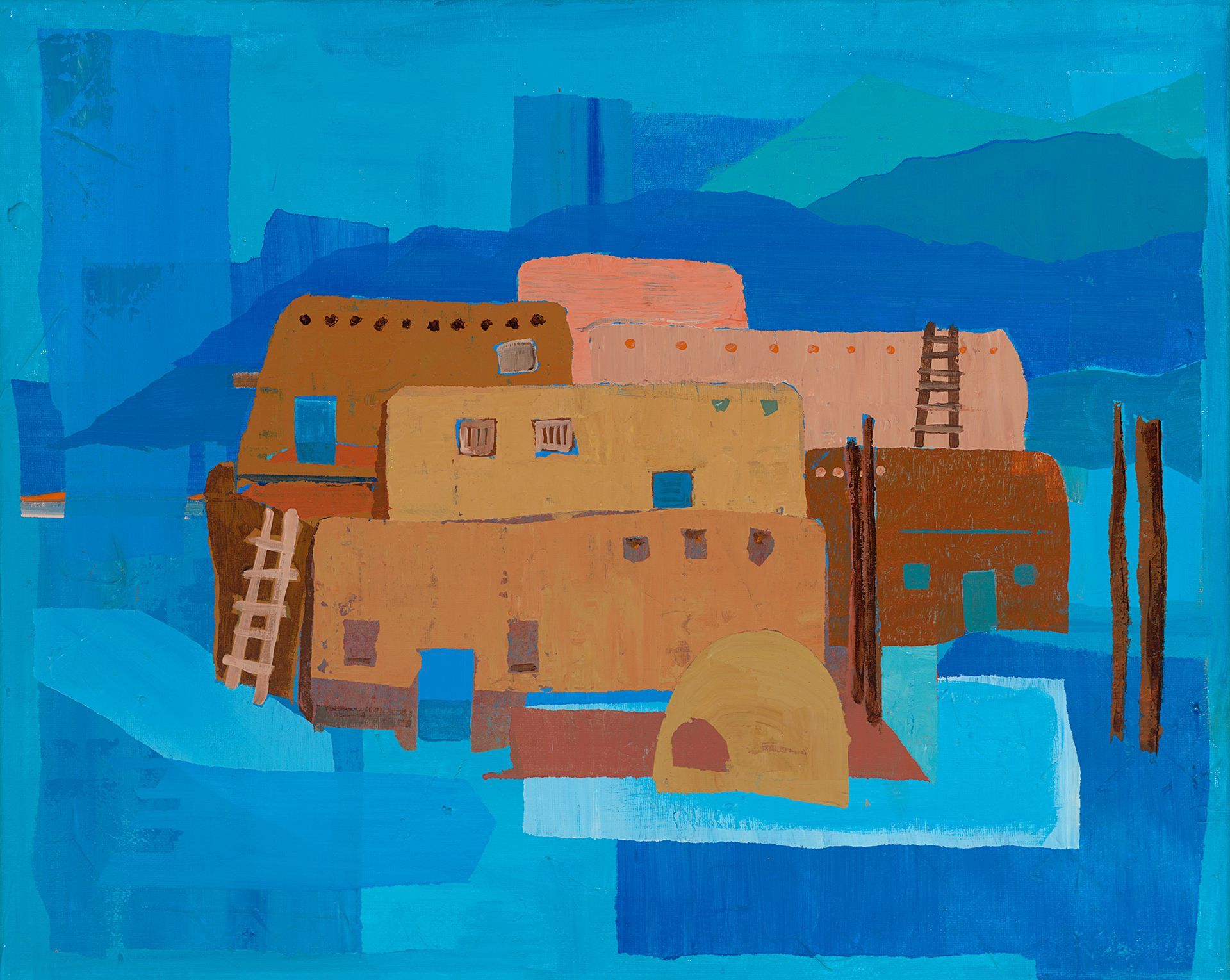 A painting of a group of houses on a blue background.