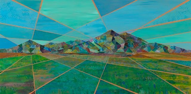 Abstract landscape of mountains and fields, rendered in geometric shapes and vibrant colors.