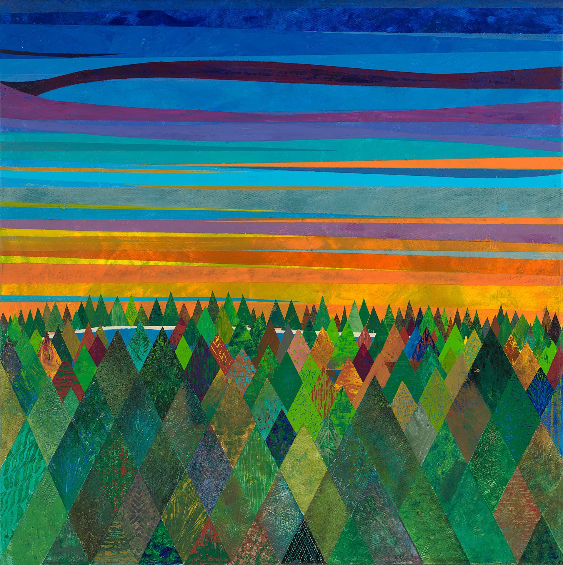 A colorful painting of a forest with a sunset in the background.