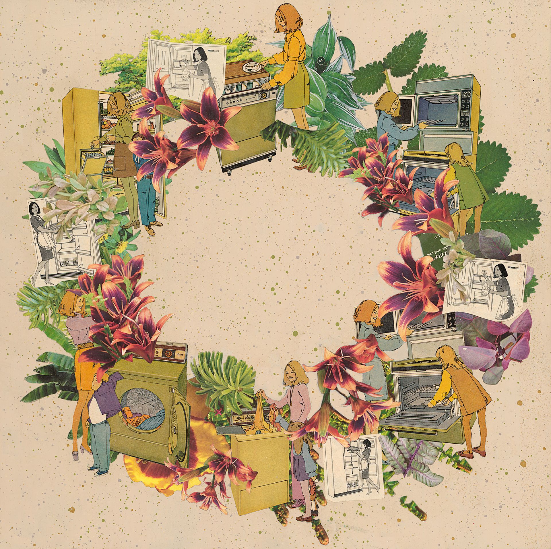 A wreath of flowers and leaves on a beige background