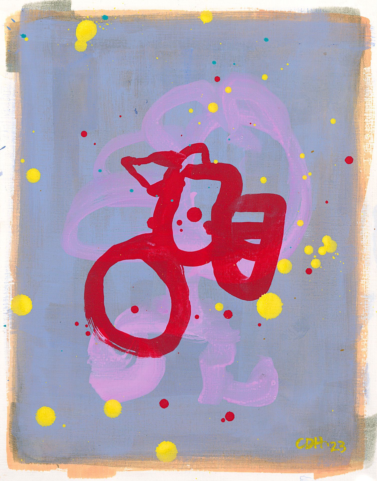 A painting of a red object on a blue background