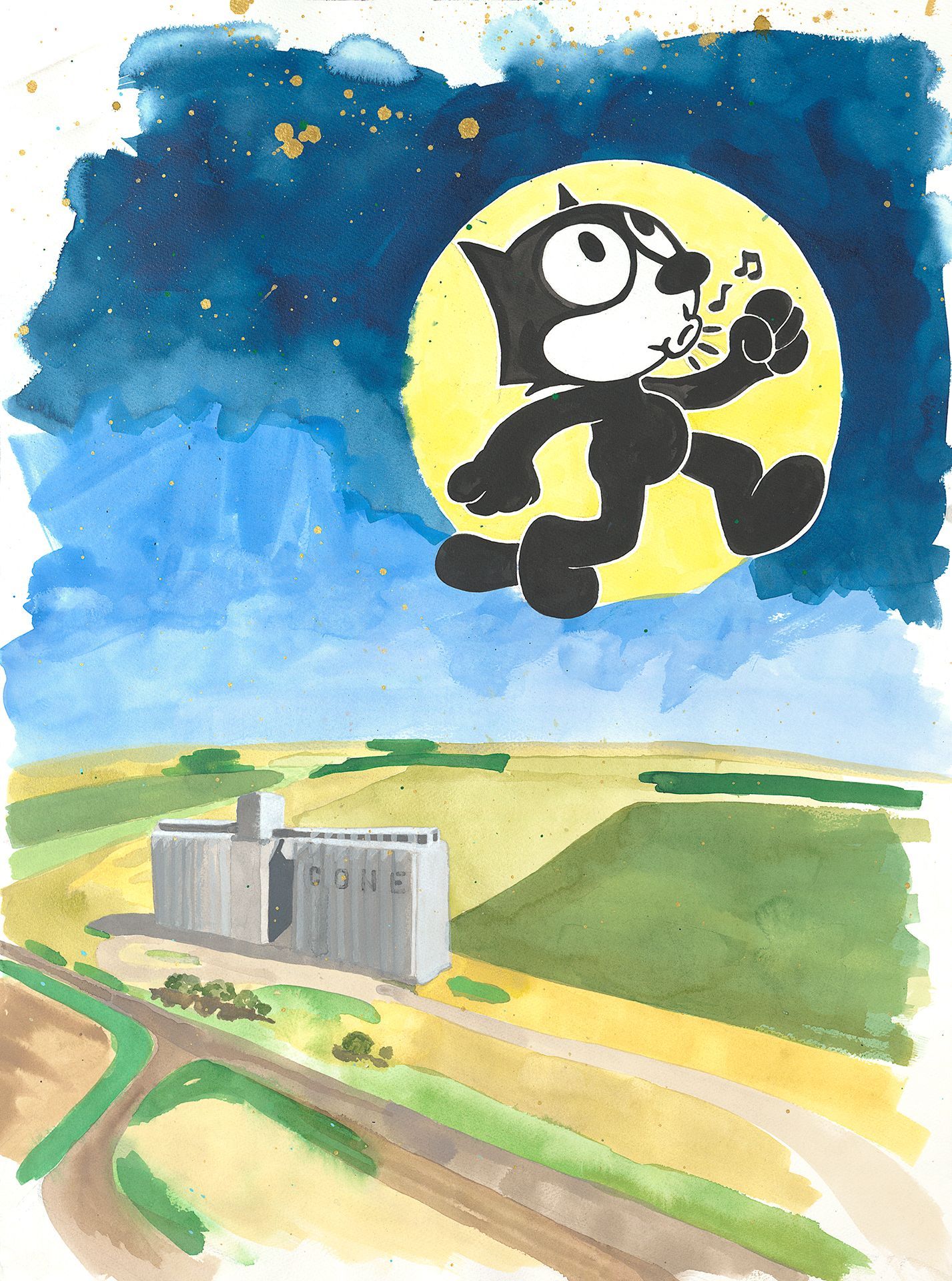 A painting of felix the cat flying over a farm