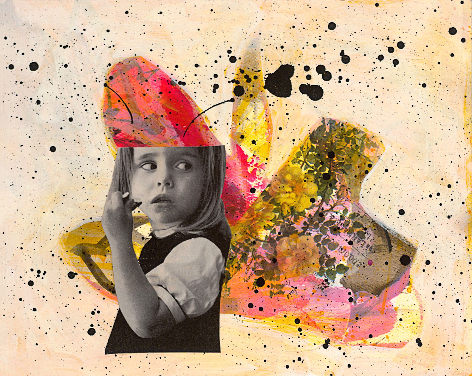 A painting of a little girl with a butterfly on her head