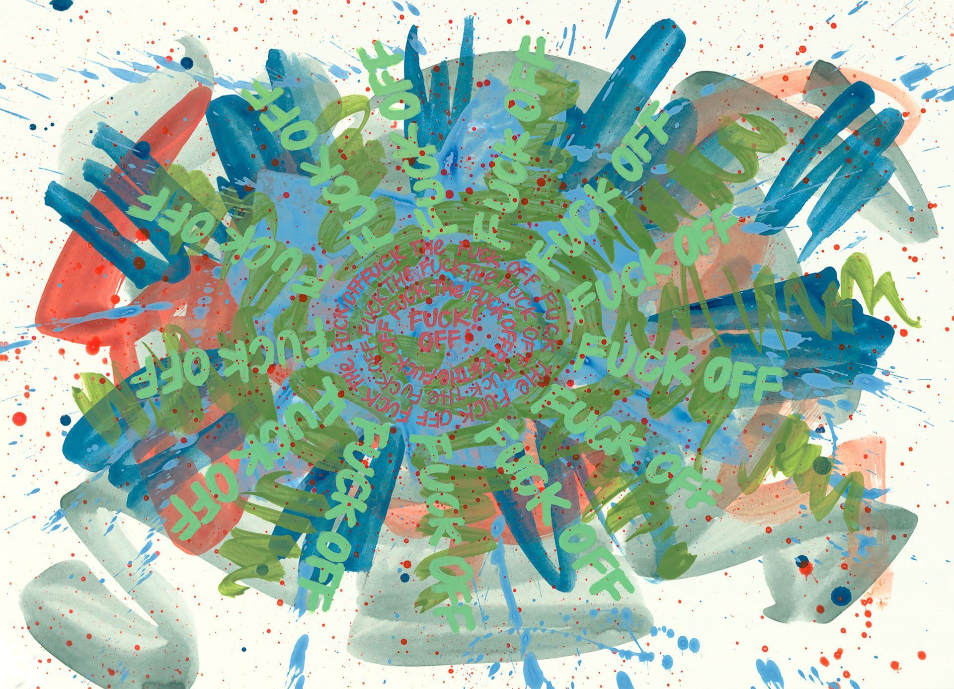 Painting with green colors and the words 