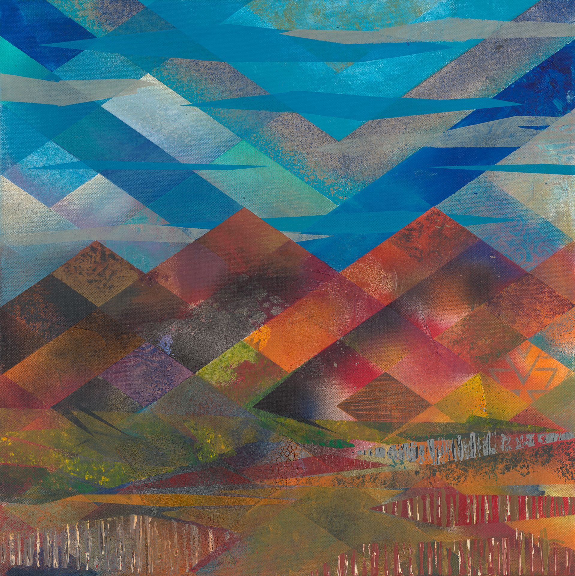 A colorful painting of a mountain range with a blue sky in the background.