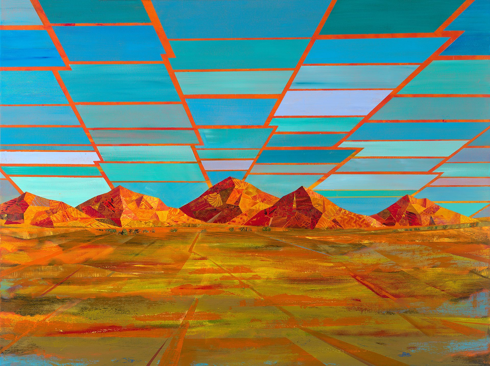 Abstract landscape: orange mountains under a blue sky of rectangular patterns.