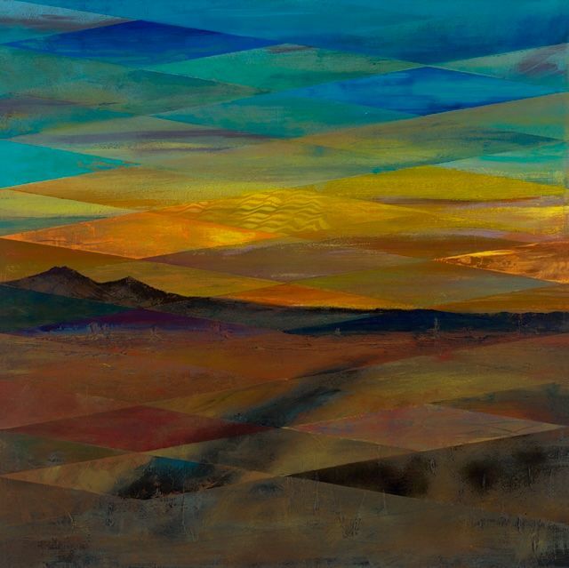 Abstract landscape painting with layers of colorful zigzagging fields under a vibrant sky.